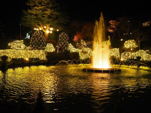 木々に沢山のライトが取り付けられ、園内の中心にある噴水池が照らされていました。