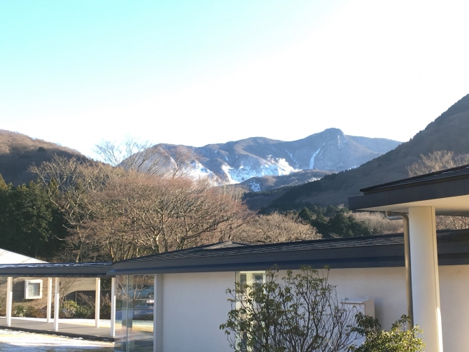 ホテル庭園から見える大涌谷（雪化粧）