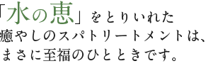 水の恵」をとりいれた癒やしのスパトリートメントは、まさに至福のひとときです。